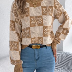 Snowflake Plaid Lantern Sleeve Pullover Sweater