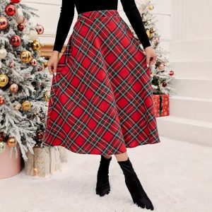 Women's High Waist Casual Loose Plaid Midi Dress
