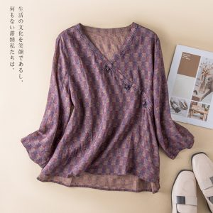 Spring New Linen V-neck Floral Retro Literary Shirt Women