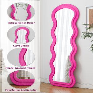 Flannel Full Length Wave Rose Floor Mirror With Stand For Bedroom Living Room Hanging Or Against The Wall