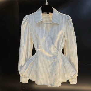 Temperament Waist-tie Long-sleeved Shirt Striped Cardigan Women
