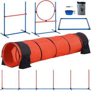 Dog Agility Training Equipment, 5 PCS Set Upgrade With Adjustable High Hurdles,6 Weave Poles,Extended Tunnel,Jump Ring,Pause Box,Whistle,Foldable Bowl,Puppy Obstacle Course Kit With Storage Bag