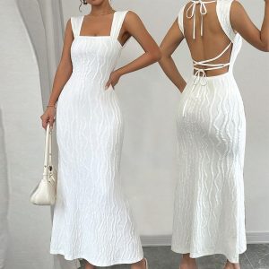 Striped Sexy Square Collar Sling Backless Long Dress