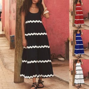 U-shaped Collar Corrugated Tube Top Solid Color A- Line Slip Dress