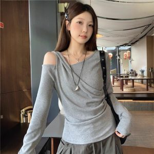 Women's Early Autumn Design Sense Niche Slim Pleated Waist-cinching Base Shirt