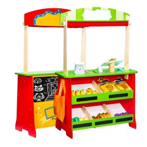 Wooden Puppet Theater 2-in-1 Reversible Play Store Kids Play Market Stand