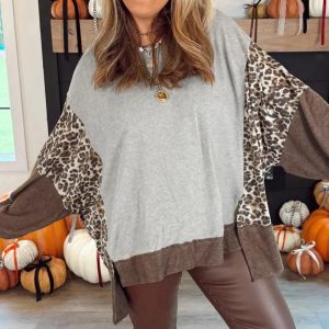 Gray Color Block Leopard Patchwork Dolman Sleeve High Low Baggy Sweatshirt