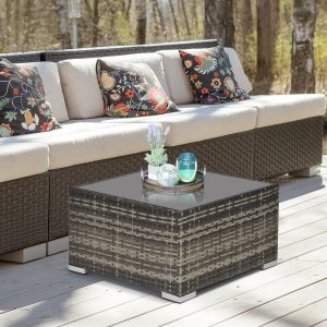 Outsunny Square PE Wicker Rattan Table With Glass Top - Dark Grey