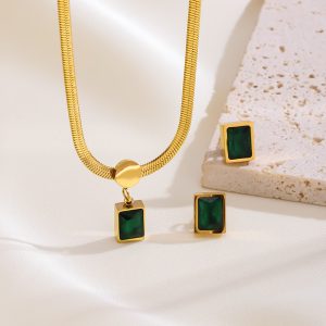 Green Square Zircon Pendant Snake Chain Fashion Retro Earring Set