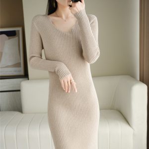 Long-sleeve Knitwear Autumn And Winter New Versatile Slim-fit V-neck Long Tight Sweater Dress For Women