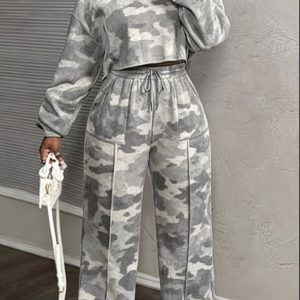 Printed Casual Cropped Sweatshirt And Wide-leg Pants Set