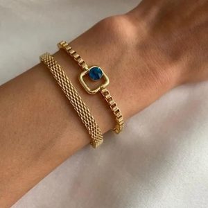 Blue Sparkle Bracelet Set Adjustable Two Piece Layered Minimalist Elegant Fashion Jewelry Gift For Her