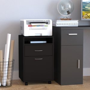 HOMCOM 60cm Filing Cabinet With Drawer, Open Shelf, Metal Handles And 4 Wheels, Office Home Organiser Mobile Printer, Black