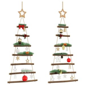 Hanging Christmas Trees with Lace Stars, 2 Pieces, Natural Branch