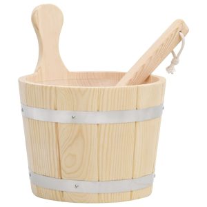 Sauna Bucket and Ladle Set Solid Pine Wood