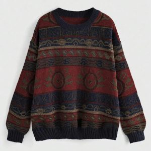 New Jacquard Color-block Round Neck Pullover Sweater Women