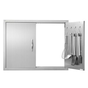 BBQ Access Door, 31W X 24H Inch Double Outdoor Kitchen Door, Stainless Steel Flush Mount Door, Double Wall Vertical Door With Handles And Hooks, For BBQ Island, Grilling Station, Outside Cabinet