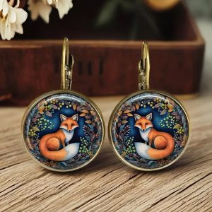Retro Fox Cat Chicken Time Gem Glass Earrings