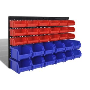 30-piece wall shelf, storage shelf, plug-in shelf, blue/red, workshop