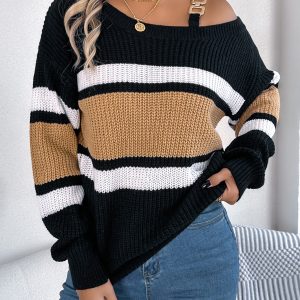 Casual Color Block Striped Lantern Sleeve Metal Button Off-Shoulder Pullover Sweater