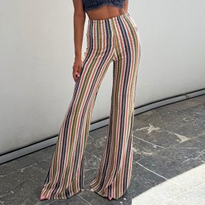 High-waisted Polyester Stretch Slim-fit Striped Women's Pants