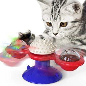 Interactive Windmill Cat Toy With LED Light Ball, Suction Cup, And Catnip Indoor Cat Exercise And Entertainment Set.