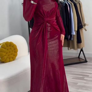 Metallic Maxi Dress With Twist Front Detail And Long Sleeves
