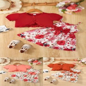 Sweet Little Girl's Floral Print Bowknot Suspender Dress Set