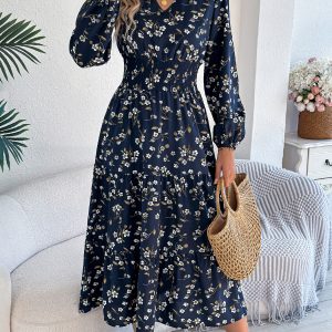 Women's Elegant Floral V-Neck Long Sleeve Waist-Defined Hem Ruffle A-Line Dress
