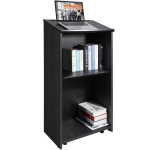 Podium Stand, 119 Cm Hostess Stand With 4 Rolling Wheels, Wood Podium With Storage Shelves, And Slant Desktop, Lecterns & Podiums For Church, Office, School, Home, Black