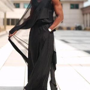 Black Mesh Irregular Hem Wide-leg Pants Suit