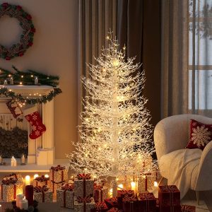 4FT Pre-lit Aspen Fir Artificial Christmas Tree, Hinged Xmas Tree 280 Snow Flocked Branch Tips, 230 Warm White LED Lights, Holiday Coral Christmas Tree For Home Party