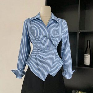 New European And American-style Long-sleeve Shirt Cardigan With An Asymmetrical Design