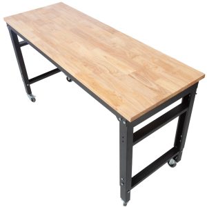Workbench - 60 Wide Rolling Workbenches For Garage - Adjustable Height, Workshop Tool Bench, Metal With Rubber Wood Top