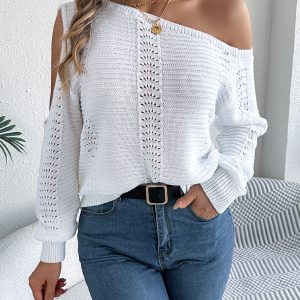 Women Casual Solid Color Hollow Out Off-Shoulder Long Sleeve Pullover Sweater