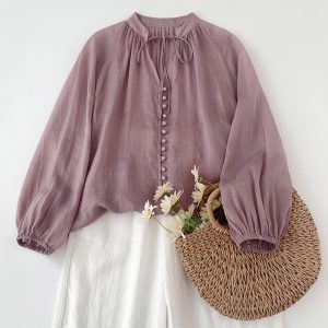 Women's Loose Cotton And Linen Single Row Button Tied Shirt