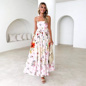 Women's Fashion Printed Backless Sling Large Swing High Waist Dress