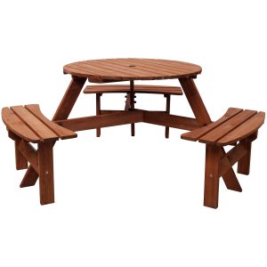Wooden Picnic Table With 3 Built-in Benches,6 Person Kids Picnic Table, With Umbrella Hole,Camping Dining Table For Garden Patio Backyard