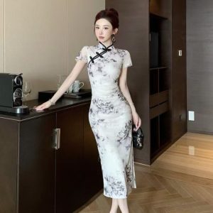 Women's Retro Republic Of China-Style Floral Print Slit Pleated Dress