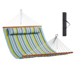 Double Quilted Fabric Hammock, 12 FT Double Hammock With Hardwood Spreader Bars, 2 Person Quilted Hammock With Detachable Pillow And Chains For Camping Outdoor Patio Yard Beach, 480 Lbs Capacity