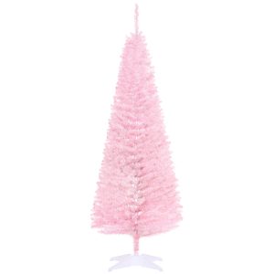 HOMCOM 5' Artificial Pencil Christmas Tree, Slim Xmas Tree With 294 Realistic Branch Tips And Plastic Stand, Pink