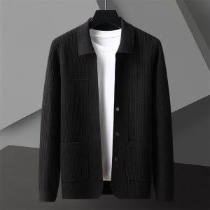 Men's AutumnWinter New Arrival Solid-Colored Thickened Lapel Long-Sleeve Sweater With Pockets