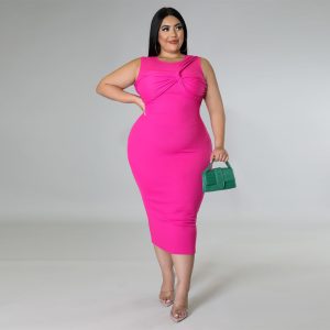 High-elasticity Ribbed Sophisticated Plus-size Dress With Sleeveless Design And Round Neckline