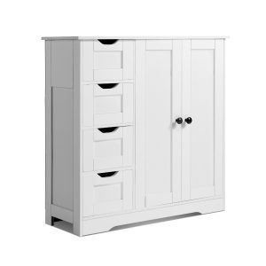 Bathroom Floor Cabinet, 3-Tier, Wooden Storage Organizer With 2 Doors, 4 Drawers And Adjustable Shelf, Modern Home Furniture Freestanding Cupboard For Kitchen/Living Room/Entryway Use, White