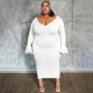 Fashionable And Sexy Plus-Size Women's Solid-Color Elegant V-Neck Maxi Dress