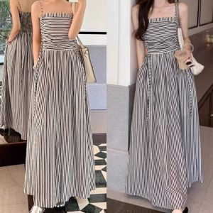 Womens Casual Strapless Contrast-Color Striped Shirt Dress