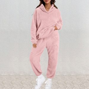 Women's Casual Solid-Color Fleece Hooded Long-Sleeve Top And Pants Set