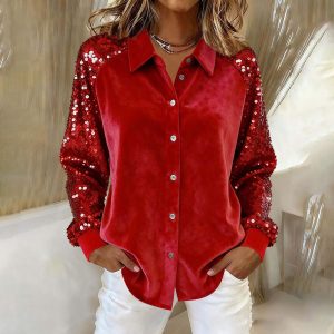 Women's Velvet Loose Shirt With Sequined Sleeves