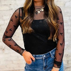 Women's Semi High Neck Sheer Long Sleeve TShirt Sexy Y2K Mesh Top