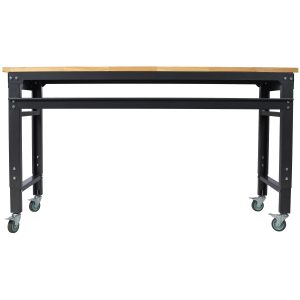 Workbench - 60 Wide Rolling Workbenches For Garage - Adjustable Height, Workshop Tool Bench, Metal With Rubber Wood Top,Black Hammertone Leg